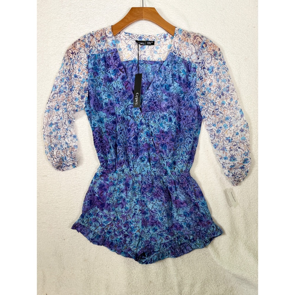 Gypsy 05 Global Village Silk Floral Romper Blue Purple XS New $210 Neiman Marcus